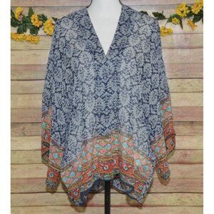 Renee C Top Women's M Blue Mixed Print Open Front Cardigan Boho Hipster Sheer